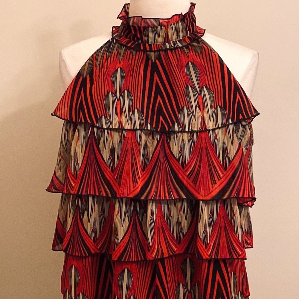 Adiva Black Red Tan Geometric SZ L High Neck Boho Chic Earthy Modern Halter Top - Picture 2 of 11